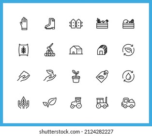 Collection of agriculture linear icons. Set of vegetable, harvest, farming symbols drawn with thin contour lines. Vector illustration.