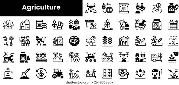 A collection of agriculture-themed icons showcasing various farming practices, tools, and livestock, presented in a minimalist style.