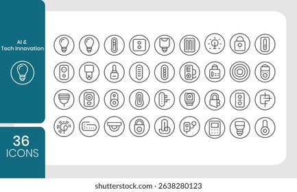 Collection of ai and tech innovation outline icons illustrating smart home and electronic devices