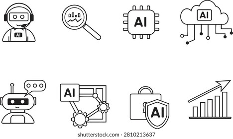 A collection of AI technology outline icons including chatbot, AI chip, cloud AI, cybersecurity, analytics, automation, and business growth concepts in editable vector line art style.