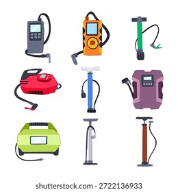 Coleção de bombas de ar e infladores em diferentes estilos, incluindo compressores digitais portáteis, bombas manuais de piso e modelos elétricos, prontos para a manutenção de pneus e tarefas gerais de inflação