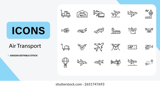 Collection of air transport icons featuring airplanes drones helicopters and airport elements