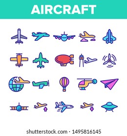 Collection Aircraft Elements Vector Icons Set Thin Line. Aircraft Commercial Air Transportation And Shipping Concept Linear Pictograms. Airplane And Helicopter Monochrome Contour Illustrations