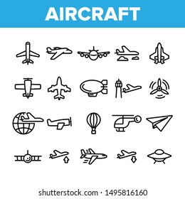 Collection Aircraft Elements Vector Icons Set Thin Line. Aircraft Commercial Air Transportation And Shipping Concept Linear Pictograms. Airplane And Helicopter Monochrome Contour Illustrations