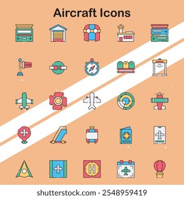 Collection of aircraft icons showcasing various types of airplanes and aviation elements ideal for travel and aviation designs.