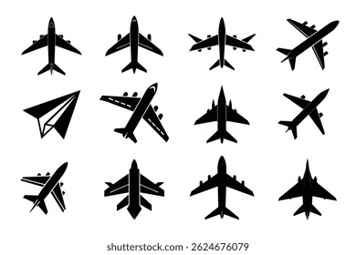 Collection of Airplane Icons Top View, Side View, and Paper Airplane Illustrations for Design Projects