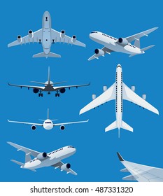 Collection of airplane illustrations from side, top, front and back view