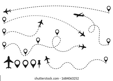 collection of Airplane route icon, air plane flight route with line trace, travel, map pins, location pins. Vector illustration