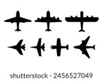 A collection of airplane shapes. Silhouette icons of commercial airplanes, passenger planes, jet planes, cargo planes, fighter planes. Black and white plane vector