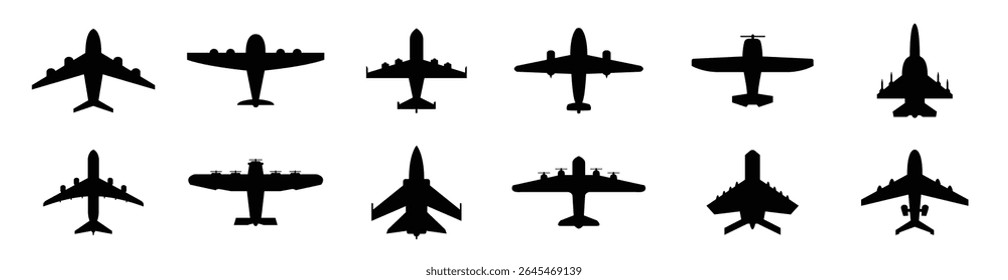 collection airplane silhouettes commercial military planes isolated white aircraft set.