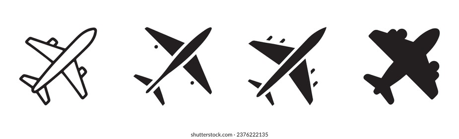 Collection of airplane silhouettes in different styles and angles. Vector icons for travel, transport, aviation, and flight themes. Design elements for logo, banner, poster, and web.