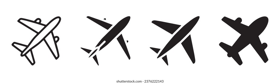Collection of airplane silhouettes in different styles and angles. Vector icons for travel, transport, aviation, and flight themes. Design elements for logo, banner, poster, and web.