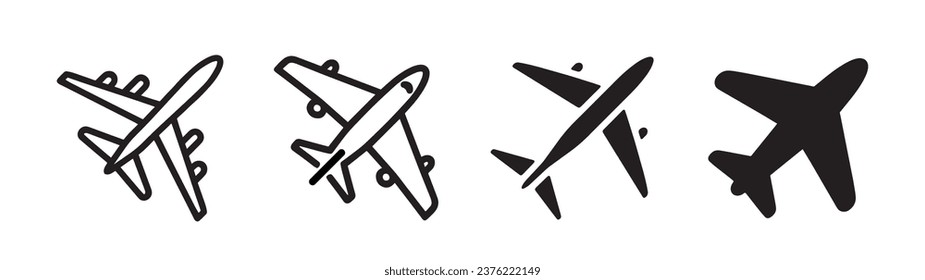 Collection of airplane silhouettes in different styles and angles. Vector icons for travel, transport, aviation, and flight themes. Design elements for logo, banner, poster, and web.