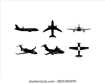 Collection of airplane silhouettes, different types of aircraft, aviation icons, travel and transportation, flight symbols, vector illustration