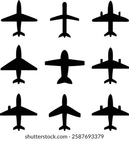 Collection of Airplane Silhouettes - Top View Aircraft Icons for Aviation Design.