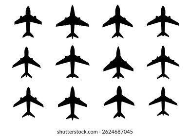 Collection of Airplane Silhouettes Top View Illustrations of Various Aircraft Designs for Aviation, Travel, and Transportation Projects