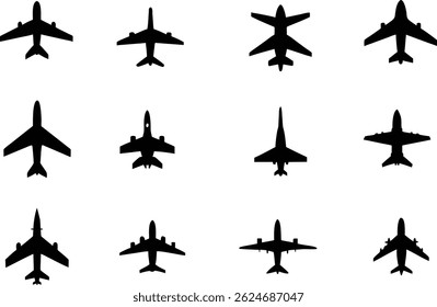 Collection of Airplane Silhouettes Top View Illustrations of Various Aircraft Designs for Aviation, Travel, and Transportation Projects