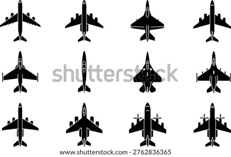 Collection of airplane silhouettes top view including commercial jets fighter aircraft and cargo planes isolated vector icons set