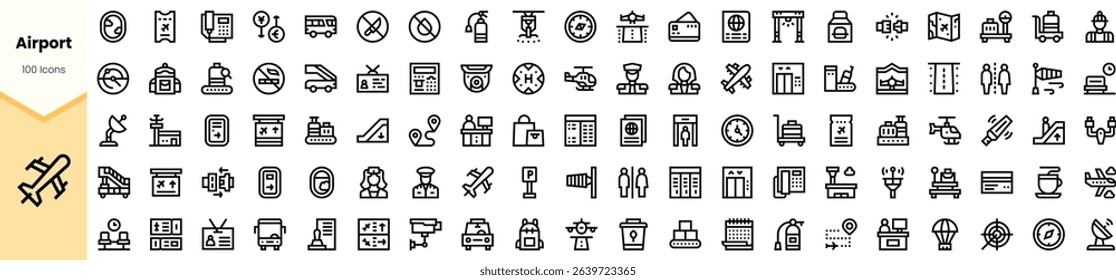 A collection of airport-themed icons, featuring various travel-related symbols and services in a clean, minimalist design, perfect for digital or print use.