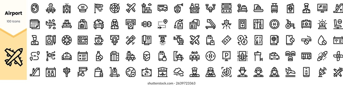 A collection of airport-themed icons showcasing various travel-related symbols in a minimalist black line style, suitable for travel, aviation, and logistics designs.