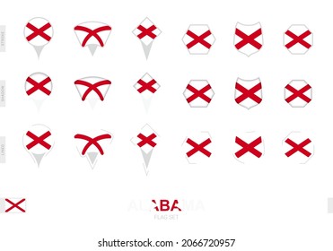 Collection of the Alabama flag in different shapes and with three different effects. Vector flag set.