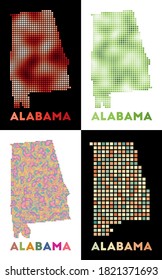Collection of Alabama map in dotted style. Borders of the US state are filled with rectangles for your design. Vector illustration.