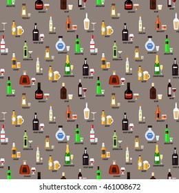 Collection of alcohol bottles in a flat style. Icon vector illustration. Seamless pattern.