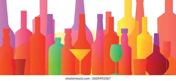 Collection of alcohol bottles, glasses of different shapes, lots of booze. Wine bar poster design, whiskey vector illustration, white wine, liqueur
