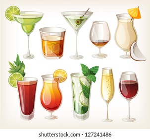 Collection of alcohol coctails and other drinks.