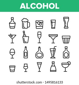 Collection Alcohol Elements Vector Icons Set Thin Line. Alcohol Beverage In Glass And Bottle Concept Linear Pictograms. Beer And Champagne, Wine And Whiskey Monochrome Contour Illustrations