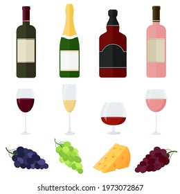Collection of alcoholic beverages and light snacks. Cartoon style. Wine, champagne, whiskey. Vector illustration isolated on white background.