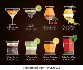 collection of alcoholic cocktail drinks with recipe measurements- vector illustration icons in trendy flat design style isolated on dark background