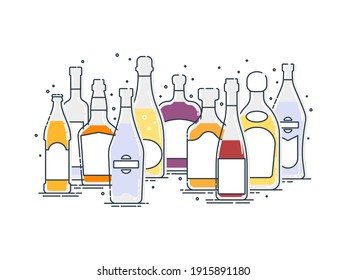 Collection alcoholic drinks. Group of bottles of alcohol standing nearby. Illustration isolated. Outline flat design style. Beer champagne red wine whiskey liquor vodka martini rum tequila. Vector.
