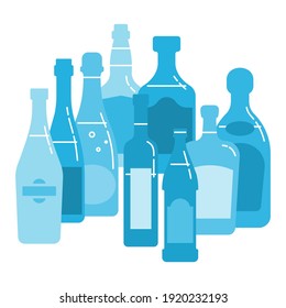 Recogida de bebidas alcohólicas. Grupo de botellas con alcohol. Fondo blanco. Ilustración aislada. Diseño plano con relleno. Cerveza champán vino whisky licor vodka martini whiskey ron tequila.
