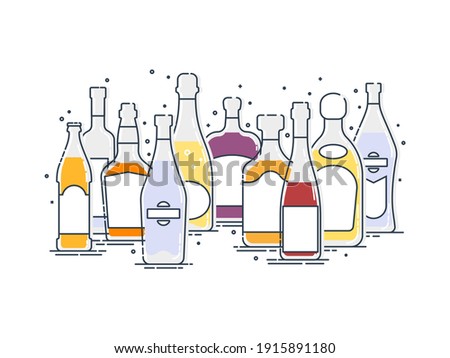 Collection alcoholic drinks. Group of bottles of alcohol standing nearby. Illustration isolated. Outline flat design style. Beer champagne red wine whiskey liquor vodka martini rum tequila. Vector.
