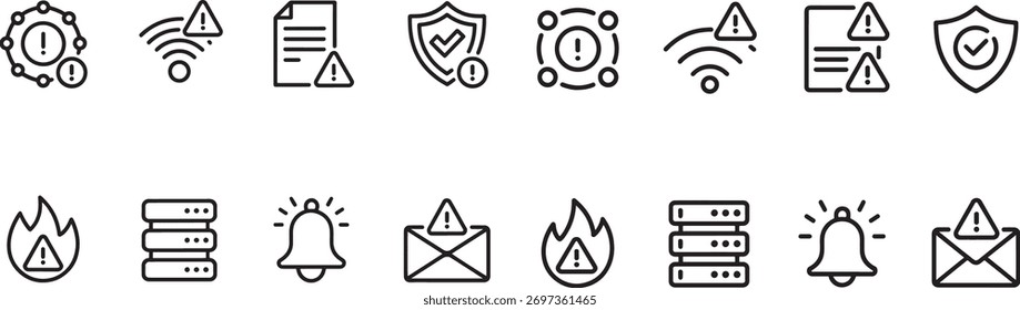 Colección de los iconos de alerta y advertencia para los sistemas de notificación y seguridad