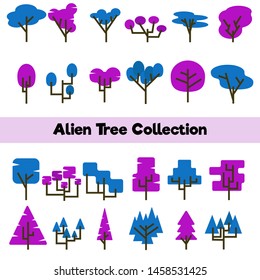 
A collection of alien trees. Strange plants of blue, purple. Vector illustration of a flat style.