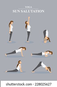 Collection of all asanas in Surya Namaskara. Vector illustration of female character in profile view isolated on grey plain background.