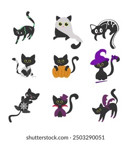 Collection all halloween cats. Design for Halloween. Can be used for stiker, banner, card, poster and any design. Vector illustration.