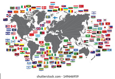 Collection of all national flags with world map and names.Vector illustration icons set design. Use for website, template,wallpaper,backdrop,brochure,leaflet,flyer.