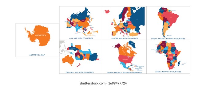 Collection of all seven continents Asia,Europe,south America,north America,Oceania,Africa,Antarctica map with countries name and border.Vector illustration icon set design.Use for website,template.