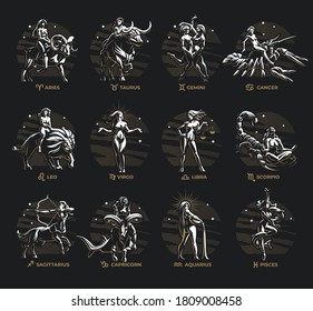 Collection of all signs of the zodiac. Woman and animal corresponding to the sign. Small zodiac sign icon. Vector illustration.