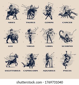 A collection of all the zodiac signs in the form of women. Vector illustration.