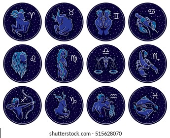 Colección de todos los signos de Zodiaco. Ilustración vectorial de los carteles Zodiac en el fondo del cielo estrellado nocturno. Aries, Taurus, Gemini, Cáncer, Leo, Virgo, Libra, Scorpio, Sagittarius, Capricornio, Aquarius, Pisces.