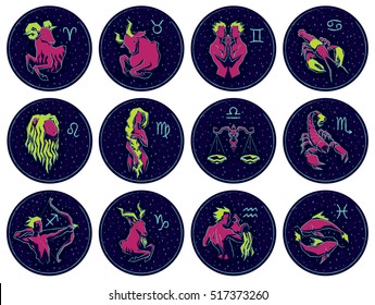 Collection of All Zodiac Signs. Vector illustration of Zodiac Signs on Night Starry Sky Background. Aries, Taurus, Gemini, Cancer, Leo, Virgo, Libra, Scorpio, Sagittarius, Capricorn, Aquarius, Pisces.