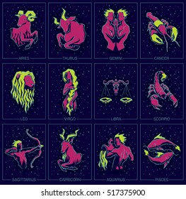 Collection of All Zodiac Signs. Vector illustration of Zodiac Signs on Night Starry Sky Background. Aries, Taurus, Gemini, Cancer, Leo, Virgo, Libra, Scorpio, Sagittarius, Capricorn, Aquarius, Pisces.