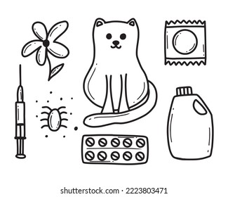 Collection of allergens. Allergy to cats, flowers, drugs, dust.Vector illustration. Doodle style.
