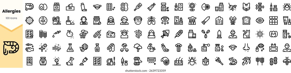 A collection of allergy-related icons depicting various allergens, symptoms, and protection methods, ideal for health and wellness themes.
