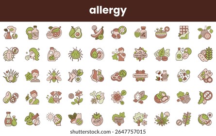 Uma coleção de ícones relacionados à alergia com frutas, medicamentos e símbolos representando várias alergias, tudo em uma paleta de cores suaves.