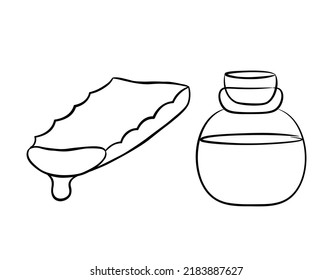 Collection of aloe vera plant slice with serum in a jar. Hand drawn cosmetology items in line style. Isolated vector illustration.